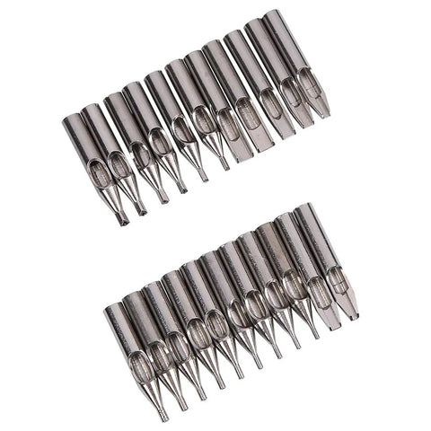 Pro Grade Stainless Steel Tattoo Tip Kit Set 22pc Assorted Round Diamond Magnum DT RT FT Tubes displayed on white background