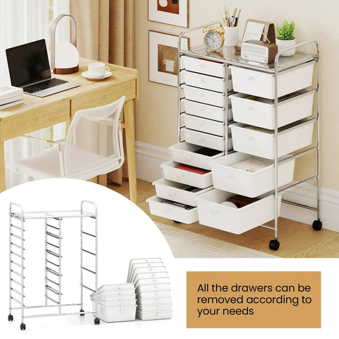 Grab-And-Go 15-Drawer Rolling Utility Cart With Lockable Wheels, metal frame, removable drawers, top shelf, in office setting.