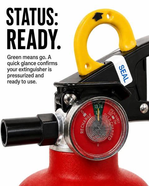 ABC Fire Extinguisher For Home Base With Patent Pending Easy Press Handle That Skips The Pin Drama, 2.5 Lb rated and ready to use.