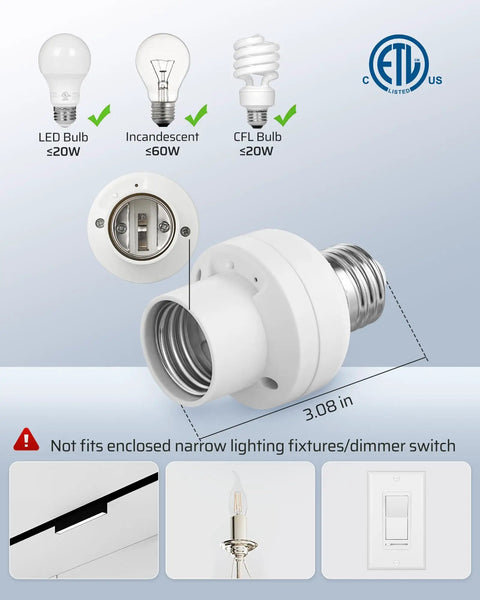 Wireless Remote Light Socket Kit with E26 E27 Sockets shown with compatible bulb types and dimensions