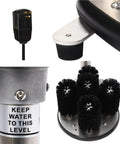 Heavy Duty Electric Commercial Glass Washer Slick Five Brush Upright Setup For Fast Beer Mugs Wine Glasses And Champagne Flute Washes With Zero Sweat Motor Cleaning In Bold Red Steel close-up of brushes and electrical plug details.