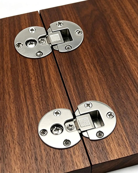 2Pack 90 Degree Hidden Flush Mount Hinges For 90 Degree Opening on wooden surface, zinc alloy, space-saving design for desks