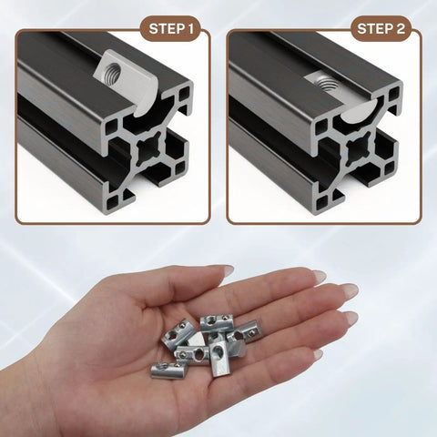 M6 X 1.0 T Slot Nut with Spring Ball Loaded, shown in 8mm aluminum extrusion rails installation, carbon steel, 10 pack