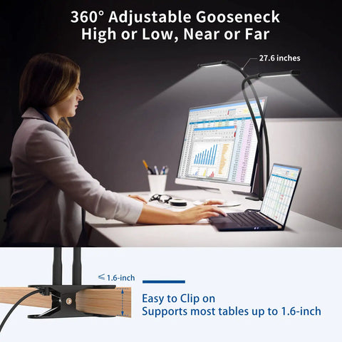 Dual 70cm Gooseneck LED Desk Lamp With 154 LEDs Dimmable 3 Color Temperatures And 10 Brightness Levels Clip On Reading Light USB Charger Eye Care Task Lamp For Home Office And Multi Monitor Setups illuminating workstation.