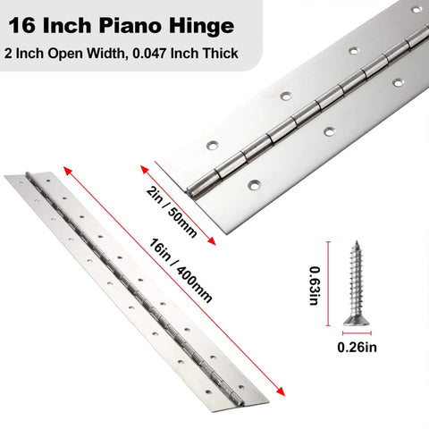 Tough As Nails Heavy Duty 16 Inch By 2 Inch Piano Hinge 0.047 Inch Thick Stainless Steel Two Pack Continuous Hinge with screws