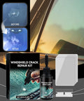 Windshield Crack Repair Kit Quick Fix For Chips And Cracks In Minutes With Invisible Finish Three Step Application For Home Roadside Or Auto Shop Use Durable Glass Repair Solution featuring repair liquid and scraper with before and after results.