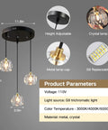 Three Light Crystal Chandelier With Dimmable LED Lighting For Kitchen Island And Dining Room, Adjustable Color Temperature 3000K 4000K 6000K, Clear Glass Shade in diagram showing dimensions and features