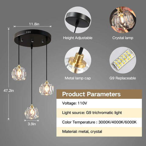 Three Light Crystal Chandelier With Dimmable LED Lighting For Kitchen Island And Dining Room, Adjustable Color Temperature 3000K 4000K 6000K, Clear Glass Shade in diagram showing dimensions and features