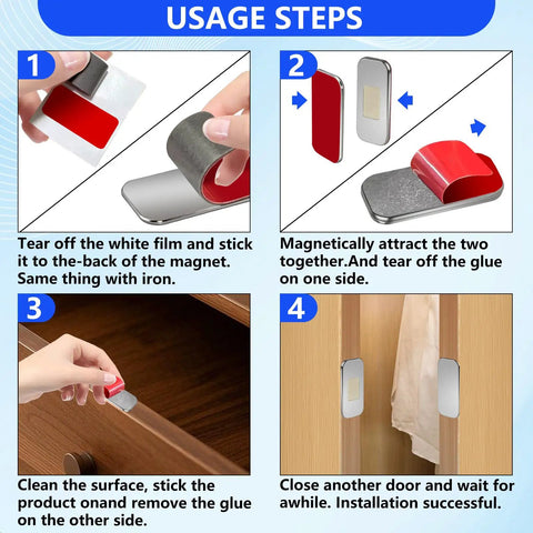 Installation steps for Ultra Thin Magnetic Cabinet Door Catch Kit 12 Pack With Adhesive Mounting demonstrating use and application.