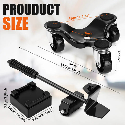 Heavy Duty 17 Piece Furniture Moving Dolly Set Includes Eight 3 Wheel Steel Tri Dollies With Swivel Casters And Sturdy Crowbar For Easy Sliding Of Couches, Appliances, And Mattresses Up To 200 Lb Capacity In Black Finish, sizes of dolly components shown.