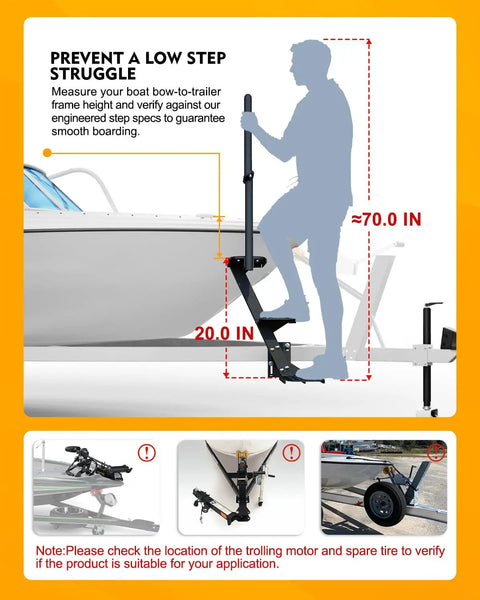 Heavy Duty Boat Trailer Steps Rock Solid Steel Tongue Access For Three By Three Or Four By Four Sizes showing height measurements for smooth boarding.