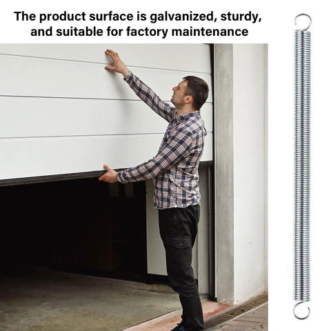 Twelve Pc Heavy Duty Mechanical Compression Springs With Hook Ends For DIY Mods And Home Repairs Made From Fatigue Resistant Spring Steel To Keep Your Gadgets Running Smooth All Day Long, displayed with a person using a spring on a garage door.