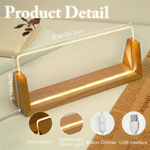 Wooden base LED desk name plate with USB interface, acrylic design, size 8.1in x 3.15in for personalized office decor.