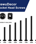 MewuDecor socket head screws in various lengths, displayed vertically with close-up of screw head and nut, available in many sizes.