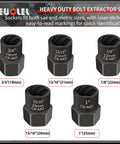Heavy Duty 5-Piece Bolt Extractor Set 1/2 Drive Easy Out Nut And Bolt Remover For Stripped Lug Nuts, Rounded Off Bolts And Studs, SAE and Metric Sizes 3/4, 13/16, 7/8, 15/16, 1 Inch, displayed with size labels and CR-MO marking