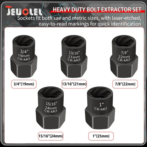 Heavy Duty 5-Piece Bolt Extractor Set 1/2 Drive Easy Out Nut And Bolt Remover For Stripped Lug Nuts, Rounded Off Bolts And Studs, SAE and Metric Sizes 3/4, 13/16, 7/8, 15/16, 1 Inch, displayed with size labels and CR-MO marking