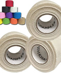 Pro Level Cotton Gauze Drumstick Grip Tape Three Pack White Non Slip Stick Control Wrap on display with various colors behind.