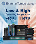 Rock Solid 5 Port Industrial Fast Ethernet Switch Packing 4 PoE Plus Ports And One Uplink Channel With 90 Watt Budget DIN Rail Bracket And 120 Watt Power Brick, showcasing extreme temperature ranges of -40°F to 167°F.