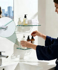 Premium Zinc Alloy Glass Shelf Brackets And Wall Mount Clamps An 8 Piece Heavy Duty Set in use holding bathroom products.