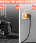 Nema 6-50P To 14-50R EV Level 2 Charging Adapter 32 Amp Max connected to a black electric vehicle in charging station.