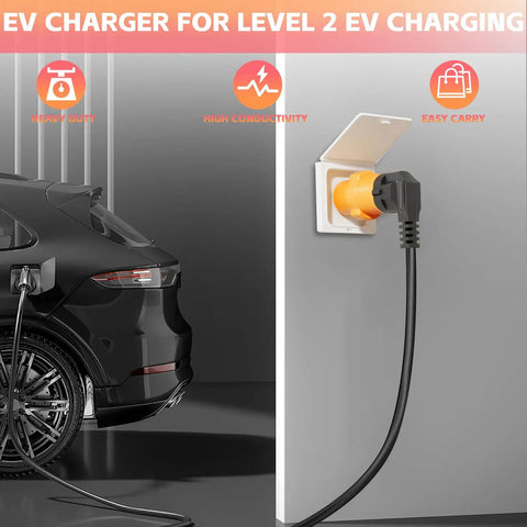 Nema 6-50P To 14-50R EV Level 2 Charging Adapter 32 Amp Max connected to a black electric vehicle in charging station.