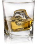 Close-up of a single 10 oz old fashioned glass from Whiskey Glass Set With Granite Chilling Stones Set Of 4 with whiskey and ice.