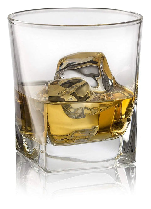 Close-up of a single 10 oz old fashioned glass from Whiskey Glass Set With Granite Chilling Stones Set Of 4 with whiskey and ice.