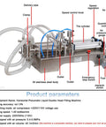 Heavy Duty Stainless Steel Liquid Filler Double Head Pneumatic Bottle Machine With Foot Pedal shows detailed parts like delivery pipes and speed control.