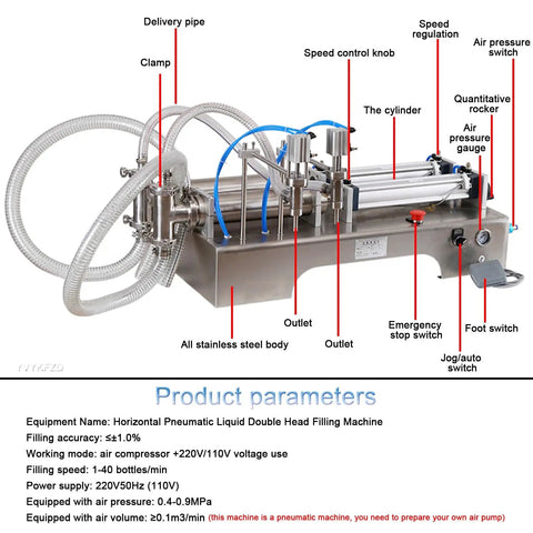 Heavy Duty Stainless Steel Liquid Filler Double Head Pneumatic Bottle Machine With Foot Pedal shows detailed parts like delivery pipes and speed control.