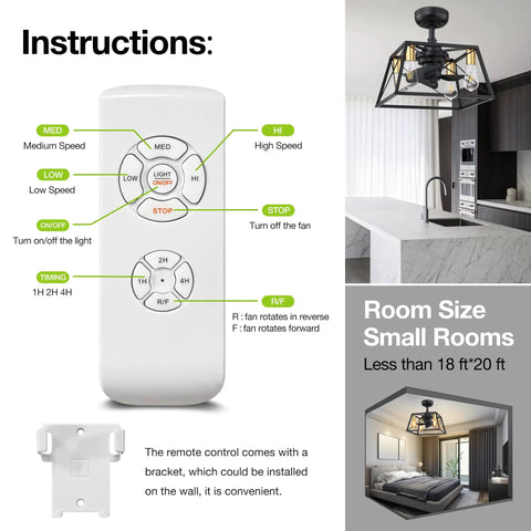 Remote control instructions for Enclosed Caged Square Ceiling Fan With Retro Industrial Metal Cage, Low Profile Flush Mount, Remote Controlled With 3 Speed Settings, Timing, Replaceable Bulbs, Ideal For Bedroom Or Living Room, Black Finish.