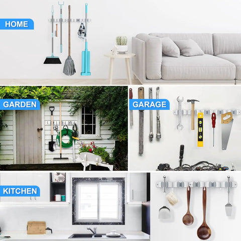 Broom And Mop Holder Wall Mount Organizer With Five Racks And Four Hooks, Heavy Duty Stainless Steel in home, garden, garage, and kitchen scenes