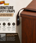 Heavy Duty Furniture Strap Kit With Antique Brown Nylon Webbing And Rugged Steel Brackets To Lock Down Hefty Dressers And Keep Things Square Against Wild Shifts For Pro Anti Tip Anchor Safety displayed on a dresser corner.