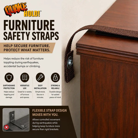 Heavy Duty Furniture Strap Kit With Antique Brown Nylon Webbing And Rugged Steel Brackets To Lock Down Hefty Dressers And Keep Things Square Against Wild Shifts For Pro Anti Tip Anchor Safety displayed on a dresser corner.
