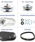 Components of Three Quarter Inch Beefy Torque Converter CVT For Go Karts, including pulleys, mounting hardware, cover, and belt.