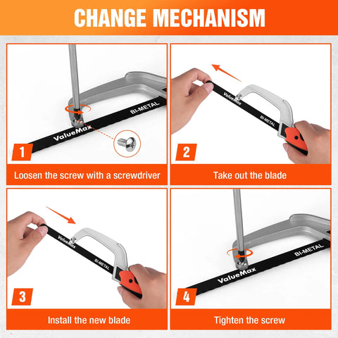 ValueMax mini hacksaw with orange handle and BI-METAL blade; four-panel guide showing loosen, remove, install, tighten.