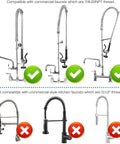 Diagram showing compatibility of Pre Rinse Hose With Spray Valve 44 Inch Flexible Stainless Steel Hose And Sprayer Nozzle Head Replacement Kit with commercial faucets