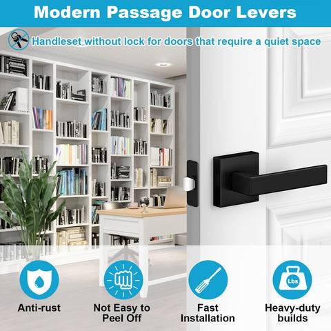 8 Pack Matte Black Passage Door Handles Square Heavy Duty Interior Door Knobs Non Locking Handlesets For Hallway And Closet Doors