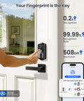 Direct WiFi Built In Smart Lock With Handles No Hub Required Fingerprint Keyless Entry App Remote And Voice Control Electronic Front Door Deadbolt Touchscreen Keypad Auto Lock Matte Black Finish installed on a white front door.