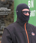 Man wearing FR Rated Balaclava For Winter Work Cold Weather Face Mask With Fire Resistant Modacrylic Fleece Anti Static Arc Flash Safe