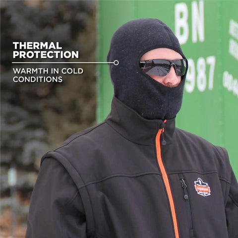 Man wearing FR Rated Balaclava For Winter Work Cold Weather Face Mask With Fire Resistant Modacrylic Fleece Anti Static Arc Flash Safe