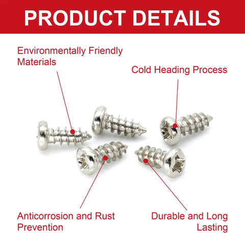 Close-up of nickel plated Phillips screws with labels for environmentally friendly materials and cold heading process.