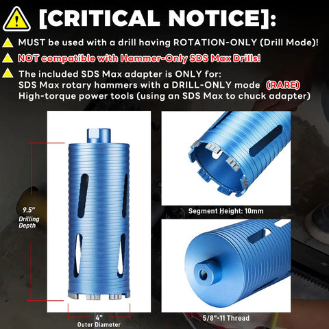 4 Inch Dry Core Drill Bit Kit With 5/8-11 Thread, 9.5 Inch Depth, includes adapters for SDS Plus, SDS Max, and 1/2 Inch Hex Shank