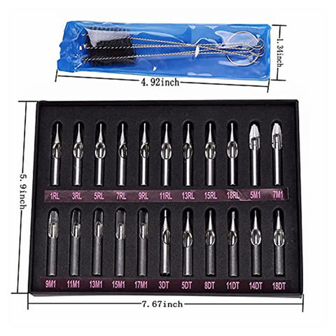 Pro Grade 22 Piece Stainless Steel Tattoo Tip Kit With Cleaning Brush For Tattoo Machines And Guns DT RT FT assortment in case