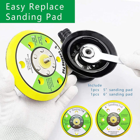 Dual Action Pneumatic Sander With Vacuum Extraction, 5 Inch And 6 Inch Pads, showing easy pad replacement