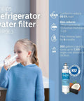Child drinking water near Philips refrigerator water filter AWP963, highlighting features like lead reduction and NSF certification.