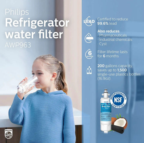 Child drinking water near Philips refrigerator water filter AWP963, highlighting features like lead reduction and NSF certification.
