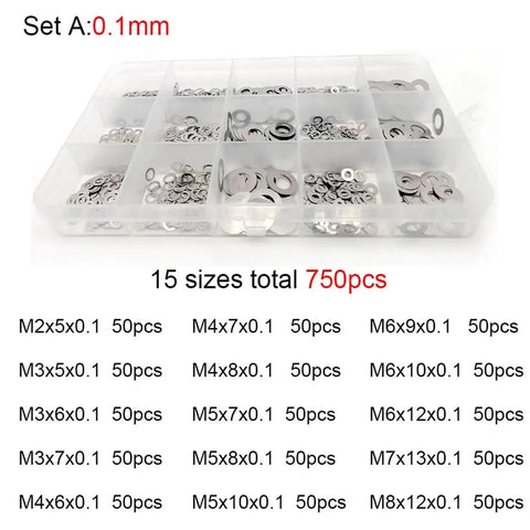500 750 1200Pcs M2 M3 M4 M5 M6 M7 M8 Ultra Thin Stainless Steel Flat Washers Set Slim Low Profile Shim Gasket Assortment Kit 304 Stainless Set A Great For Electronics Assemblies Auto Repairs Machinery And Projects. Clear organizer box of 0.1mm stainless flat washers, 750pcs