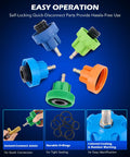 No Sweat 19 Piece Coolant Pressure Tester Kit components, featuring colorful quick-disconnect fittings for easy operation.