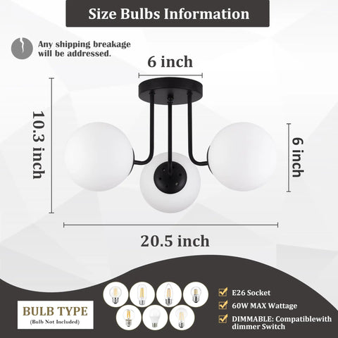 Three Light Mid Century Matte Black Semi Flush Ceiling Light With Opal Milk Glass Globes, LEDs Included, 110-240V E26