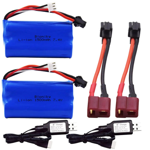 Two Pack 7.4V 1500mAh Li-ion RC Battery With SM-2P Plug, T Adapter And USB Cable For H101 H103 H105 RC Boats And Trucks